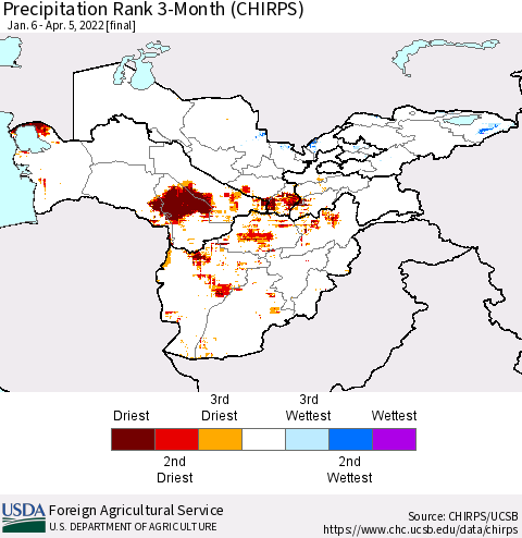 Central Asia Precipitation Rank since 1981, 3-Month (CHIRPS) Thematic Map For 1/6/2022 - 4/5/2022