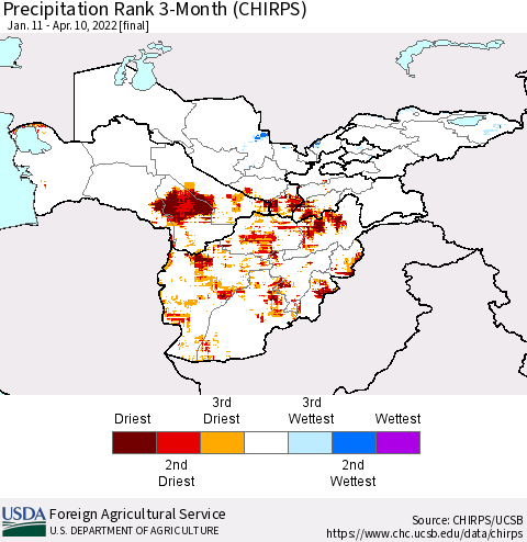 Central Asia Precipitation Rank since 1981, 3-Month (CHIRPS) Thematic Map For 1/11/2022 - 4/10/2022