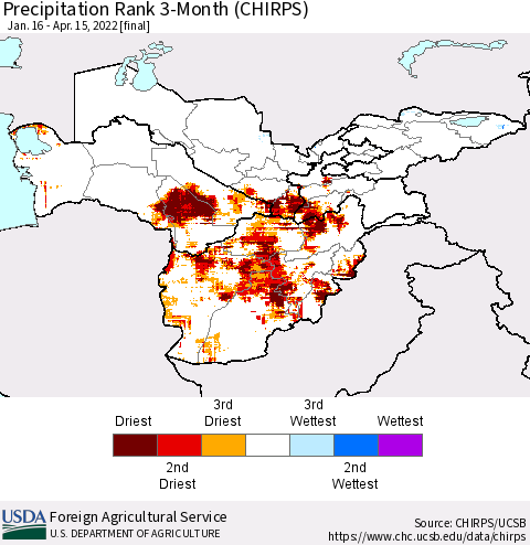 Central Asia Precipitation Rank since 1981, 3-Month (CHIRPS) Thematic Map For 1/16/2022 - 4/15/2022