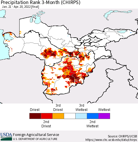 Central Asia Precipitation Rank since 1981, 3-Month (CHIRPS) Thematic Map For 1/21/2022 - 4/20/2022