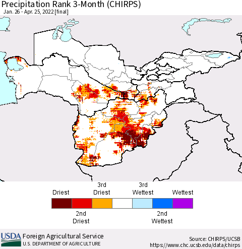 Central Asia Precipitation Rank since 1981, 3-Month (CHIRPS) Thematic Map For 1/26/2022 - 4/25/2022