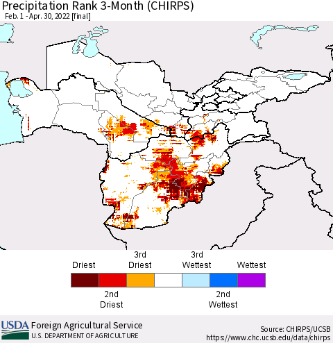 Central Asia Precipitation Rank since 1981, 3-Month (CHIRPS) Thematic Map For 2/1/2022 - 4/30/2022