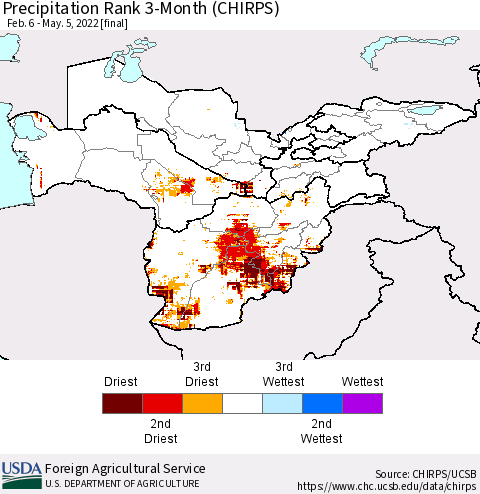 Central Asia Precipitation Rank since 1981, 3-Month (CHIRPS) Thematic Map For 2/6/2022 - 5/5/2022