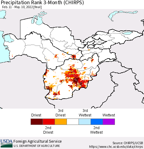Central Asia Precipitation Rank since 1981, 3-Month (CHIRPS) Thematic Map For 2/11/2022 - 5/10/2022