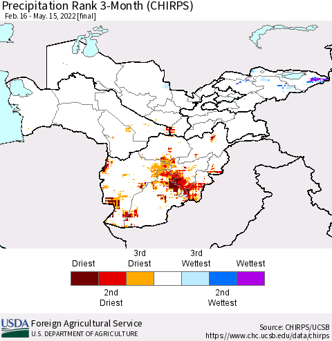 Central Asia Precipitation Rank since 1981, 3-Month (CHIRPS) Thematic Map For 2/16/2022 - 5/15/2022