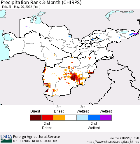Central Asia Precipitation Rank since 1981, 3-Month (CHIRPS) Thematic Map For 2/21/2022 - 5/20/2022