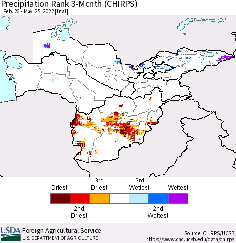 Central Asia Precipitation Rank since 1981, 3-Month (CHIRPS) Thematic Map For 2/26/2022 - 5/25/2022
