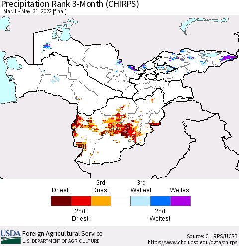 Central Asia Precipitation Rank since 1981, 3-Month (CHIRPS) Thematic Map For 3/1/2022 - 5/31/2022