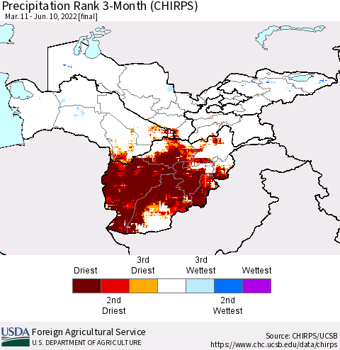 Central Asia Precipitation Rank since 1981, 3-Month (CHIRPS) Thematic Map For 3/11/2022 - 6/10/2022