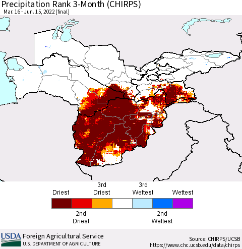 Central Asia Precipitation Rank since 1981, 3-Month (CHIRPS) Thematic Map For 3/16/2022 - 6/15/2022