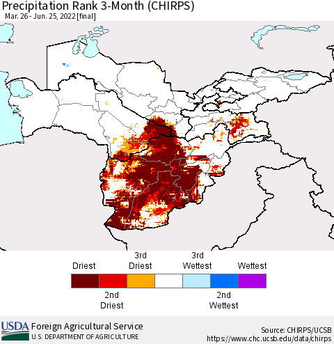 Central Asia Precipitation Rank since 1981, 3-Month (CHIRPS) Thematic Map For 3/26/2022 - 6/25/2022