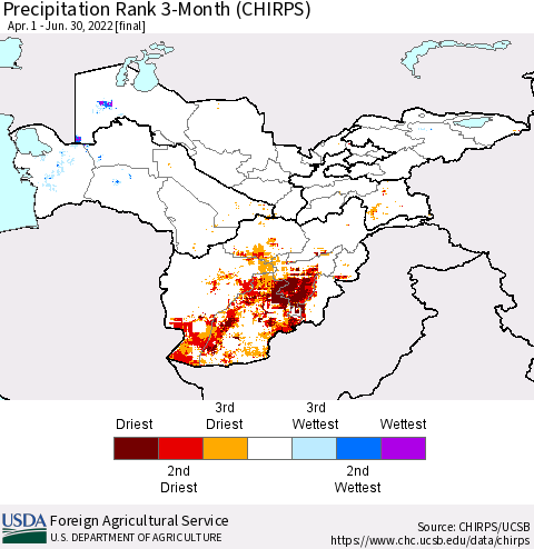 Central Asia Precipitation Rank since 1981, 3-Month (CHIRPS) Thematic Map For 4/1/2022 - 6/30/2022
