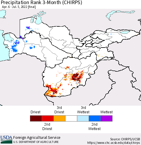 Central Asia Precipitation Rank since 1981, 3-Month (CHIRPS) Thematic Map For 4/6/2022 - 7/5/2022