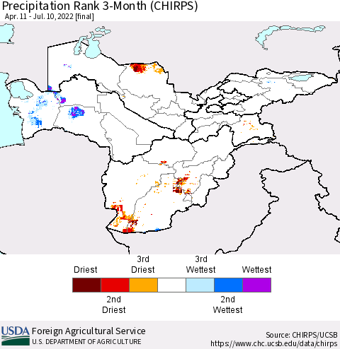 Central Asia Precipitation Rank since 1981, 3-Month (CHIRPS) Thematic Map For 4/11/2022 - 7/10/2022