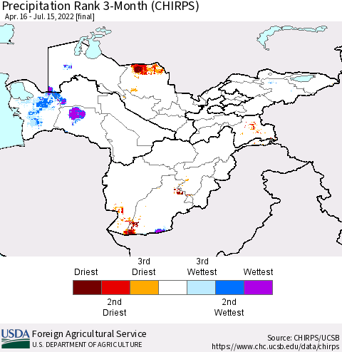 Central Asia Precipitation Rank since 1981, 3-Month (CHIRPS) Thematic Map For 4/16/2022 - 7/15/2022