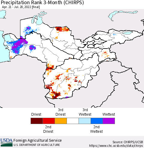 Central Asia Precipitation Rank since 1981, 3-Month (CHIRPS) Thematic Map For 4/21/2022 - 7/20/2022