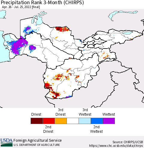 Central Asia Precipitation Rank since 1981, 3-Month (CHIRPS) Thematic Map For 4/26/2022 - 7/25/2022