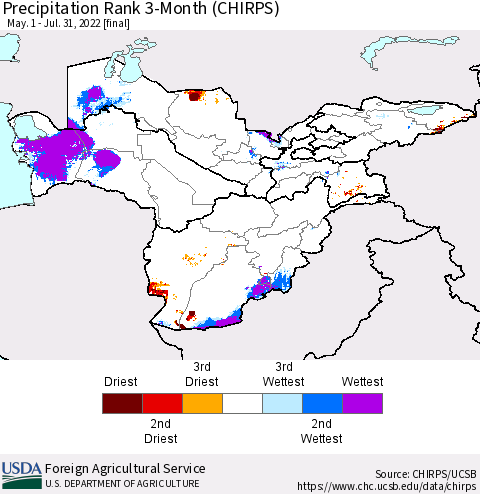 Central Asia Precipitation Rank since 1981, 3-Month (CHIRPS) Thematic Map For 5/1/2022 - 7/31/2022