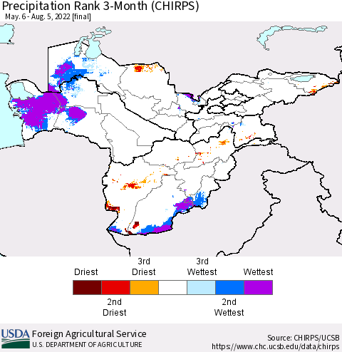 Central Asia Precipitation Rank since 1981, 3-Month (CHIRPS) Thematic Map For 5/6/2022 - 8/5/2022
