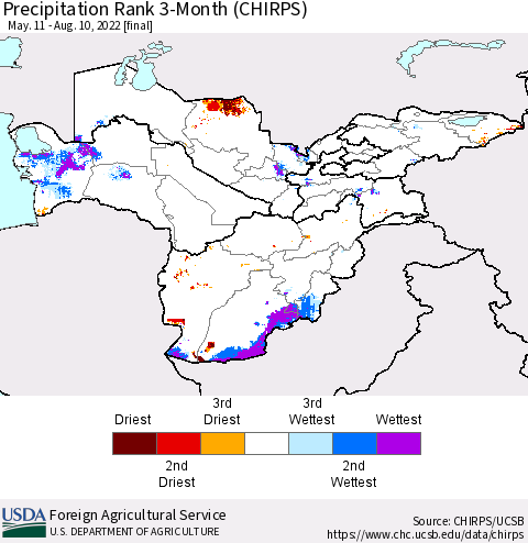Central Asia Precipitation Rank since 1981, 3-Month (CHIRPS) Thematic Map For 5/11/2022 - 8/10/2022