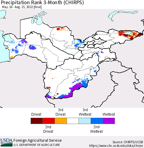 Central Asia Precipitation Rank since 1981, 3-Month (CHIRPS) Thematic Map For 5/16/2022 - 8/15/2022