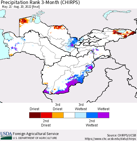 Central Asia Precipitation Rank since 1981, 3-Month (CHIRPS) Thematic Map For 5/21/2022 - 8/20/2022