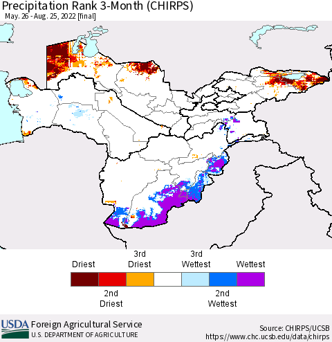 Central Asia Precipitation Rank since 1981, 3-Month (CHIRPS) Thematic Map For 5/26/2022 - 8/25/2022