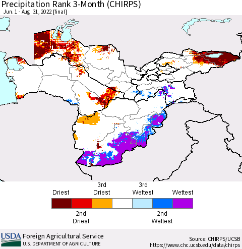 Central Asia Precipitation Rank since 1981, 3-Month (CHIRPS) Thematic Map For 6/1/2022 - 8/31/2022