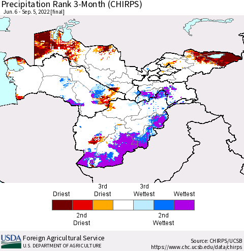 Central Asia Precipitation Rank since 1981, 3-Month (CHIRPS) Thematic Map For 6/6/2022 - 9/5/2022