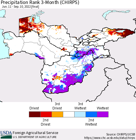 Central Asia Precipitation Rank since 1981, 3-Month (CHIRPS) Thematic Map For 6/11/2022 - 9/10/2022