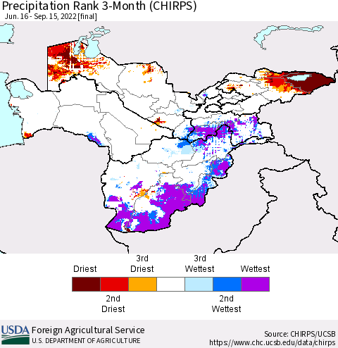 Central Asia Precipitation Rank since 1981, 3-Month (CHIRPS) Thematic Map For 6/16/2022 - 9/15/2022