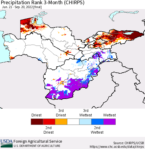 Central Asia Precipitation Rank since 1981, 3-Month (CHIRPS) Thematic Map For 6/21/2022 - 9/20/2022