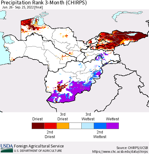Central Asia Precipitation Rank since 1981, 3-Month (CHIRPS) Thematic Map For 6/26/2022 - 9/25/2022