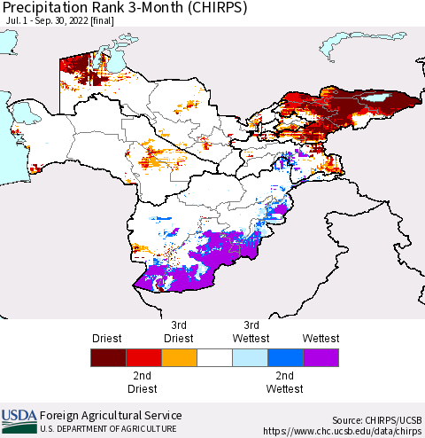 Central Asia Precipitation Rank since 1981, 3-Month (CHIRPS) Thematic Map For 7/1/2022 - 9/30/2022