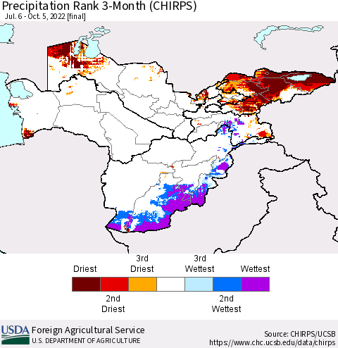 Central Asia Precipitation Rank since 1981, 3-Month (CHIRPS) Thematic Map For 7/6/2022 - 10/5/2022