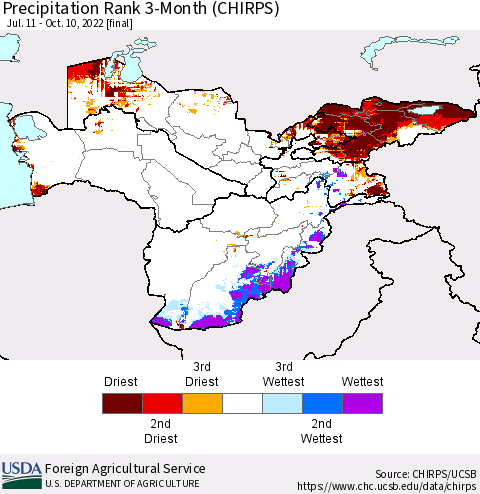 Central Asia Precipitation Rank since 1981, 3-Month (CHIRPS) Thematic Map For 7/11/2022 - 10/10/2022