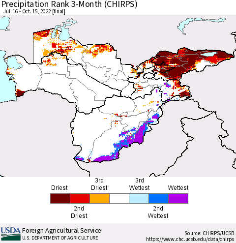 Central Asia Precipitation Rank since 1981, 3-Month (CHIRPS) Thematic Map For 7/16/2022 - 10/15/2022