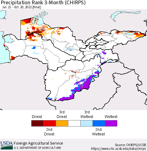 Central Asia Precipitation Rank since 1981, 3-Month (CHIRPS) Thematic Map For 7/21/2022 - 10/20/2022