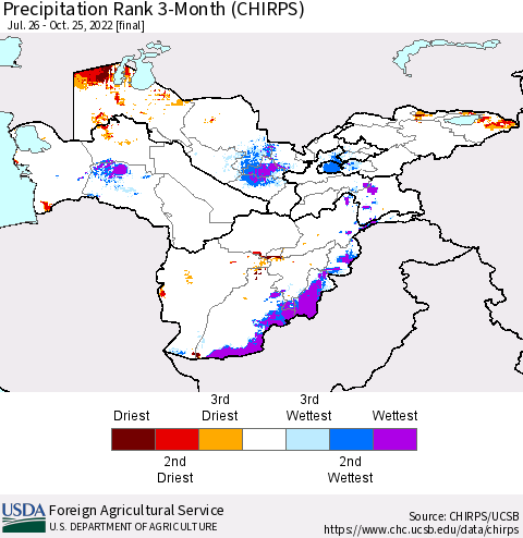 Central Asia Precipitation Rank since 1981, 3-Month (CHIRPS) Thematic Map For 7/26/2022 - 10/25/2022