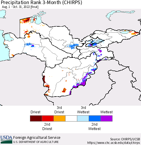 Central Asia Precipitation Rank since 1981, 3-Month (CHIRPS) Thematic Map For 8/1/2022 - 10/31/2022