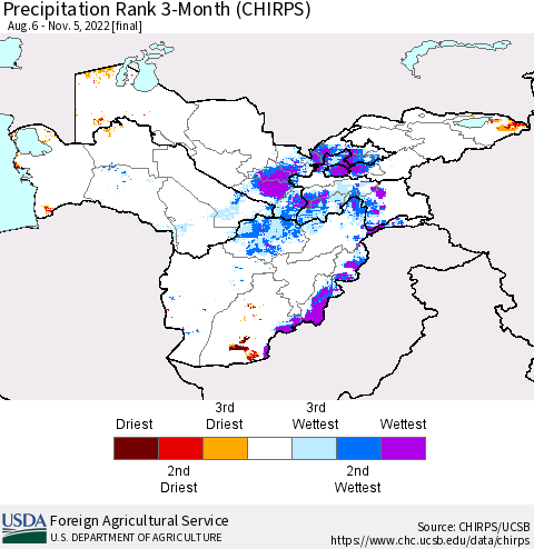Central Asia Precipitation Rank since 1981, 3-Month (CHIRPS) Thematic Map For 8/6/2022 - 11/5/2022
