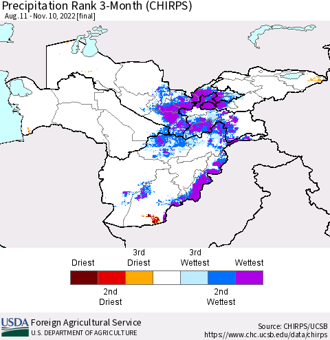Central Asia Precipitation Rank since 1981, 3-Month (CHIRPS) Thematic Map For 8/11/2022 - 11/10/2022