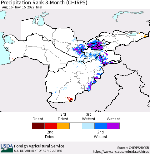 Central Asia Precipitation Rank since 1981, 3-Month (CHIRPS) Thematic Map For 8/16/2022 - 11/15/2022