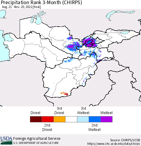 Central Asia Precipitation Rank since 1981, 3-Month (CHIRPS) Thematic Map For 8/21/2022 - 11/20/2022