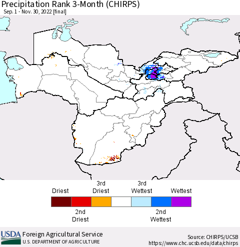 Central Asia Precipitation Rank since 1981, 3-Month (CHIRPS) Thematic Map For 9/1/2022 - 11/30/2022