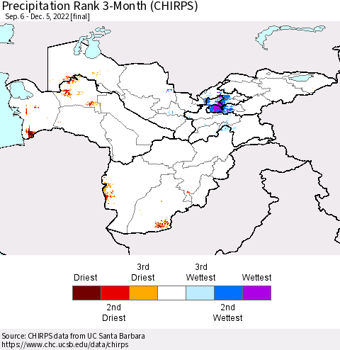 Central Asia Precipitation Rank since 1981, 3-Month (CHIRPS) Thematic Map For 9/6/2022 - 12/5/2022