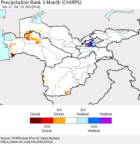 Central Asia Precipitation Rank since 1981, 3-Month (CHIRPS) Thematic Map For 9/11/2022 - 12/10/2022