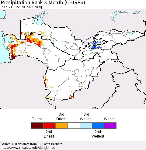 Central Asia Precipitation Rank since 1981, 3-Month (CHIRPS) Thematic Map For 9/21/2022 - 12/20/2022