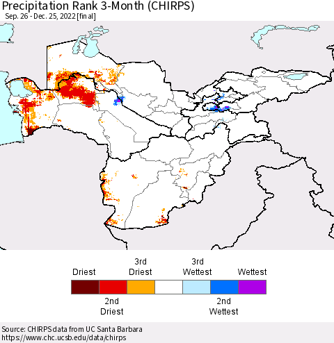 Central Asia Precipitation Rank since 1981, 3-Month (CHIRPS) Thematic Map For 9/26/2022 - 12/25/2022