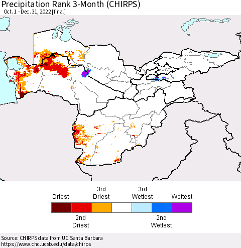 Central Asia Precipitation Rank since 1981, 3-Month (CHIRPS) Thematic Map For 10/1/2022 - 12/31/2022